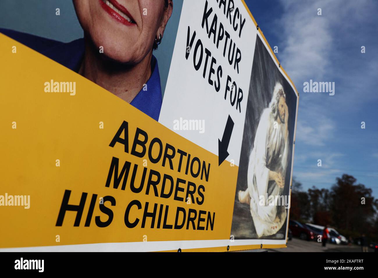 An anti-abortion sign is displayed on the side of a truck, before U.S. Senate Democratic candidate Tim Ryan arrives for a campaign stop outside the Lucas County Early Vote Center in Toledo, Ohio, U.S., November 2, 2022. REUTERS/Shannon Stapleton Stock Photo
