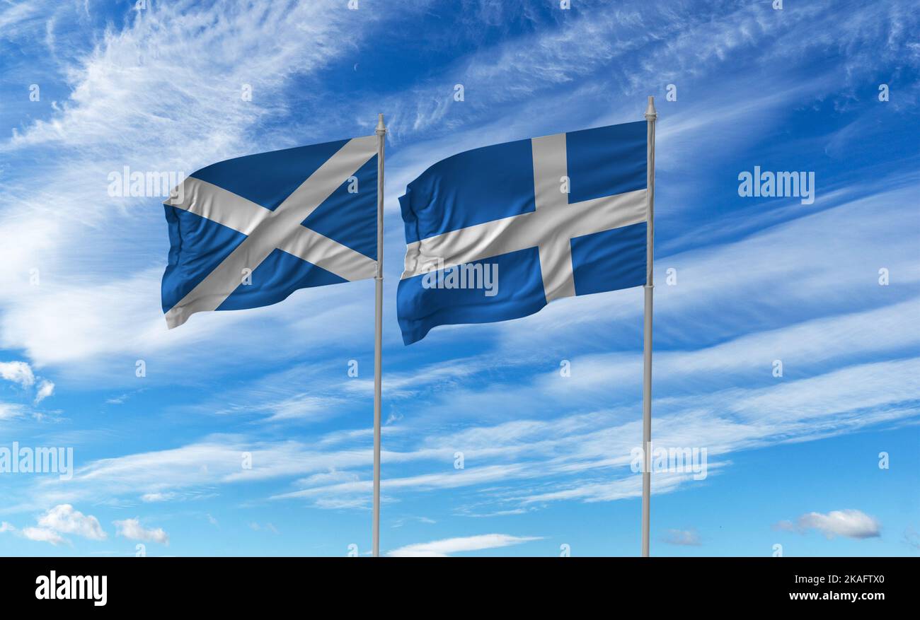 The flag of Shetland is a white or silver Nordic cross on a blue background. Stock Photo