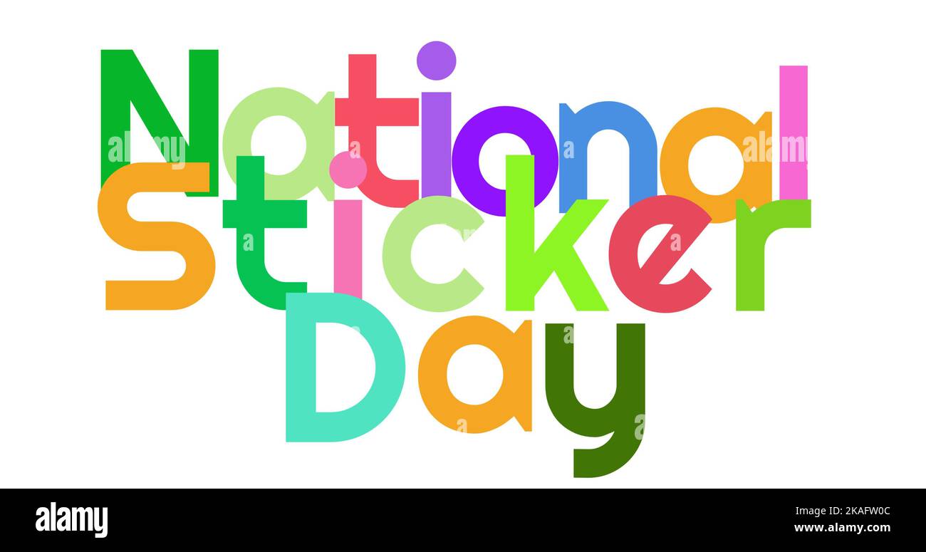 Illustration of colorful national sticker day text on white background