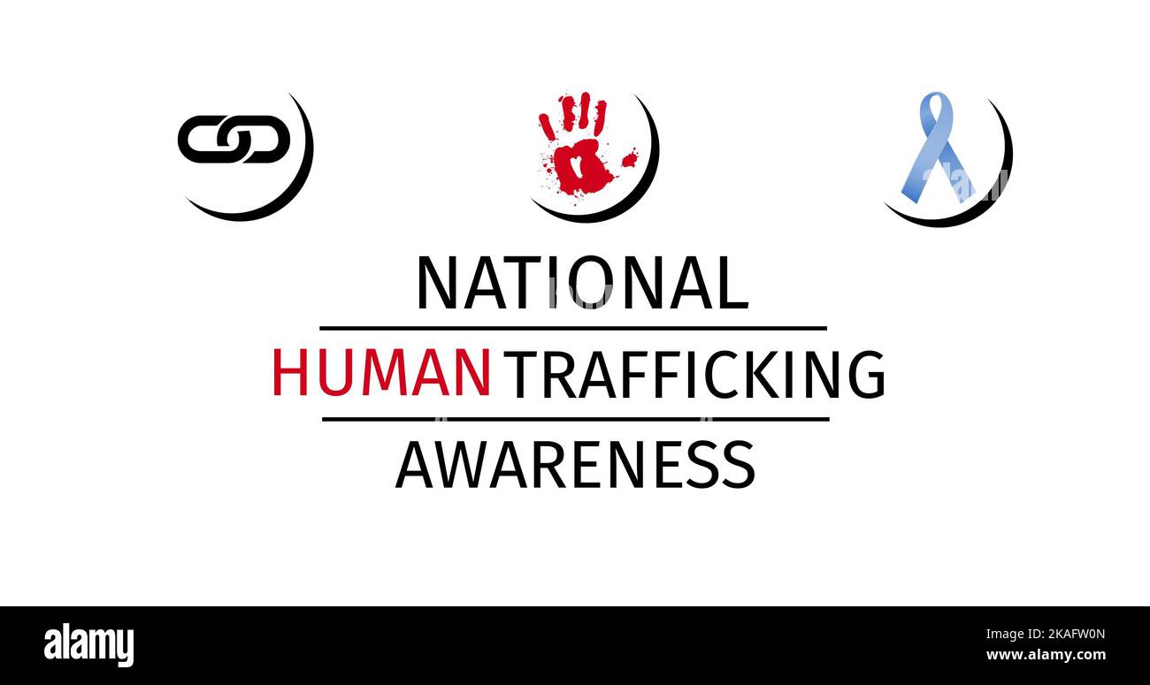 Illustration of national human trafficking awareness text, chain, red