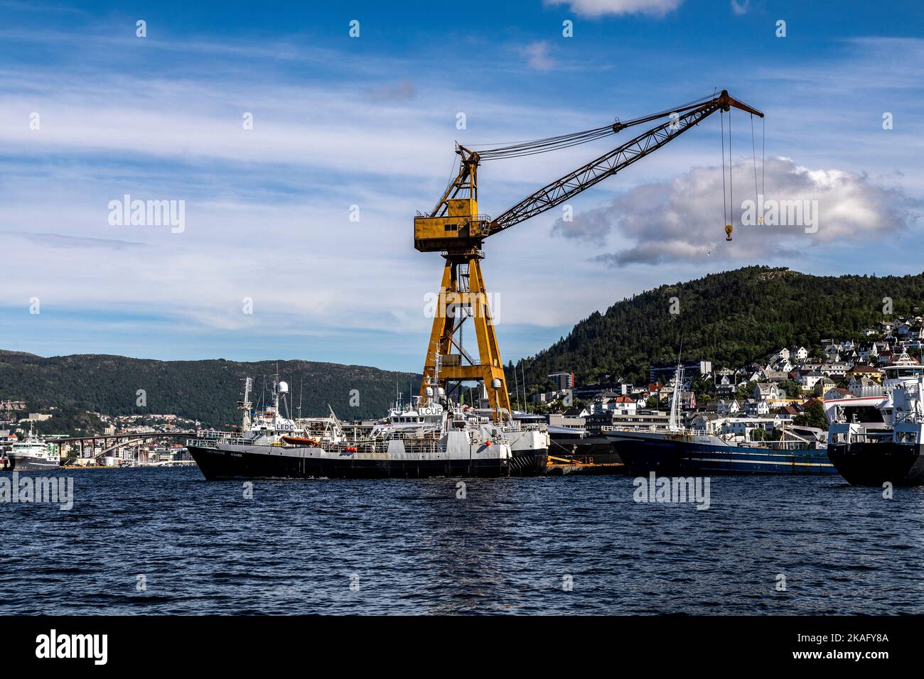Fishing vessels Rostnesvag (Røstnesvåg), Prowess and Icefjord at the old BMV shipyard at Laksevaag, near port of Bergen, Norway. Stock Photo