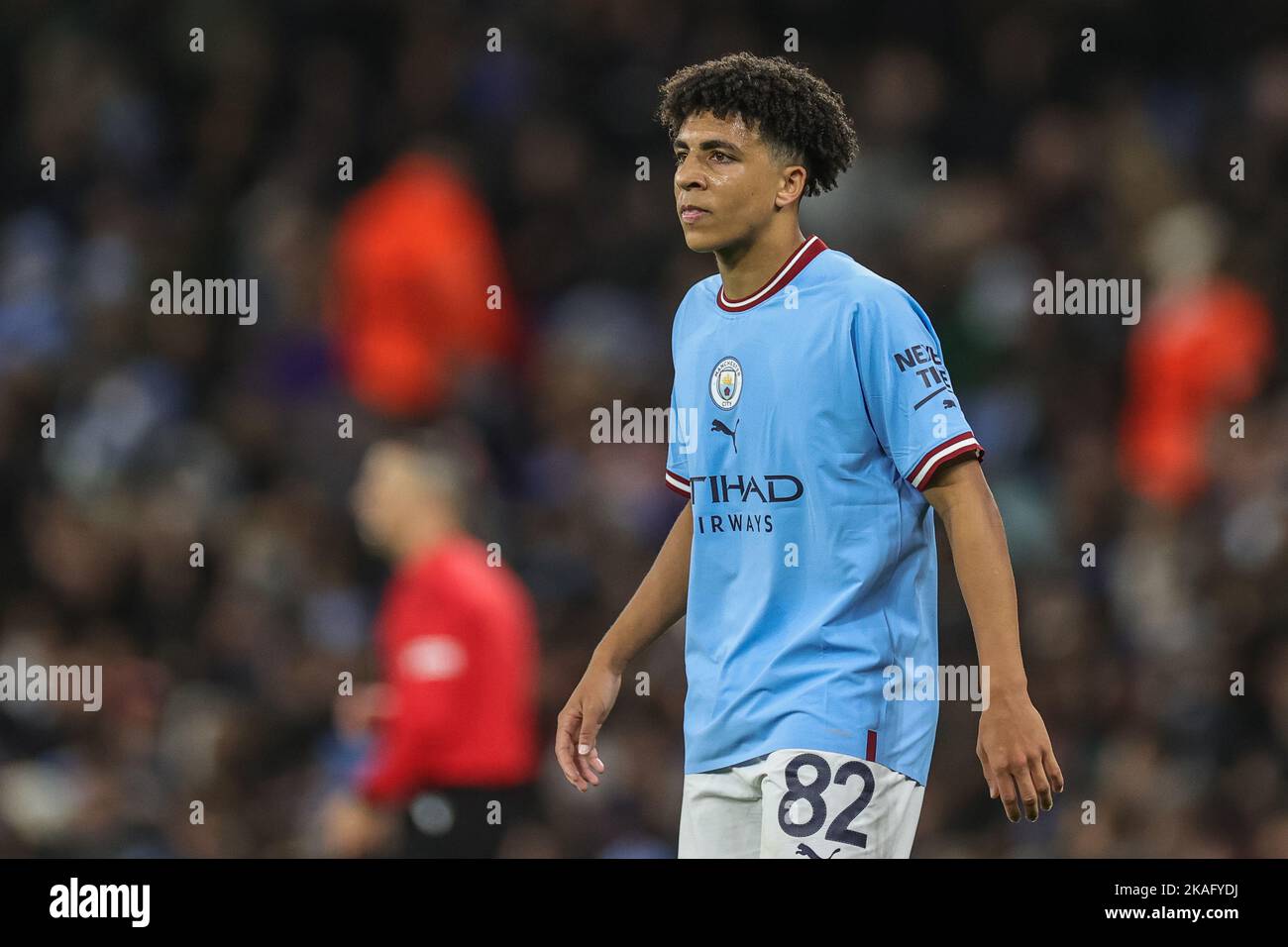Rico Lewis #82 of Manchester City during the UEFA Champions League match Manchester City vs Sevilla at Etihad Stadium, Manchester, United Kingdom, 2nd November 2022  (Photo by Mark Cosgrove/News Images) Stock Photo