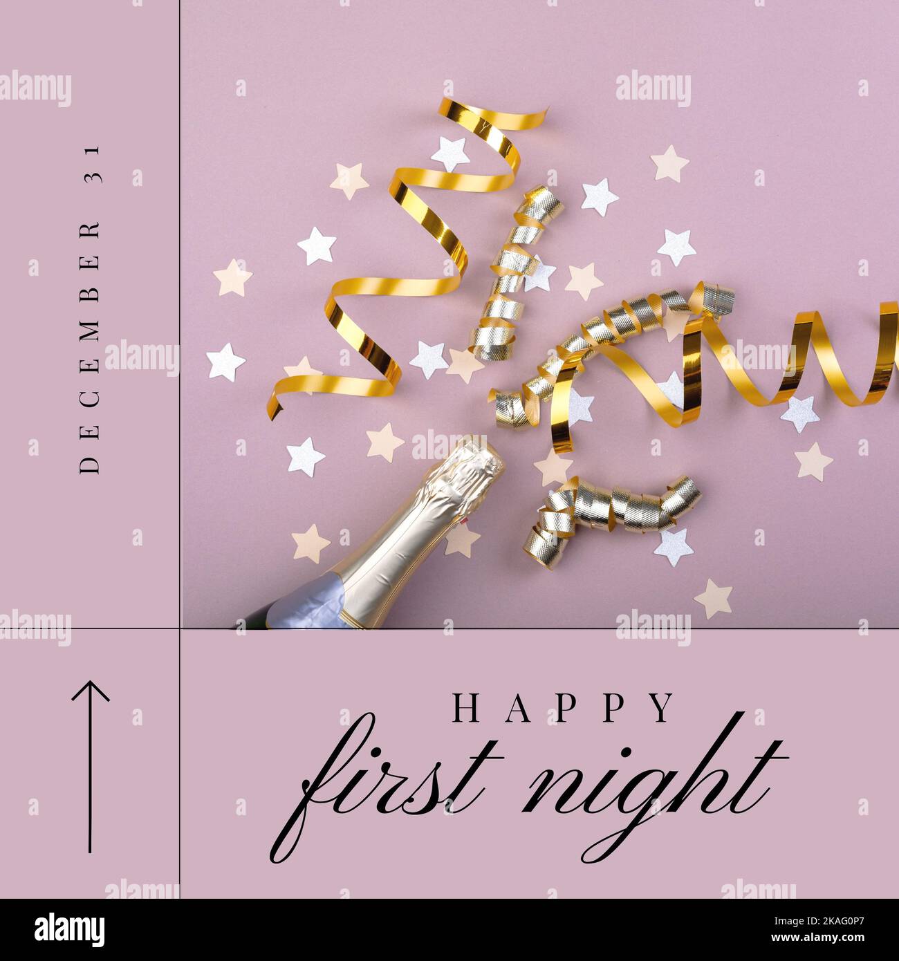 Composition of first night party text over decorations Stock Photo - Alamy