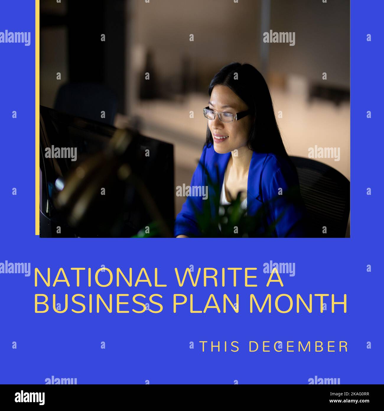 Square image of write a business plan month text businesswomen picture over blue background Stock Photo