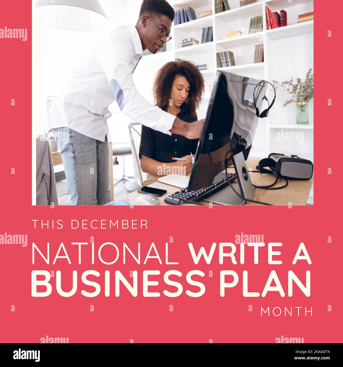 Square image of write a business plan month text business people