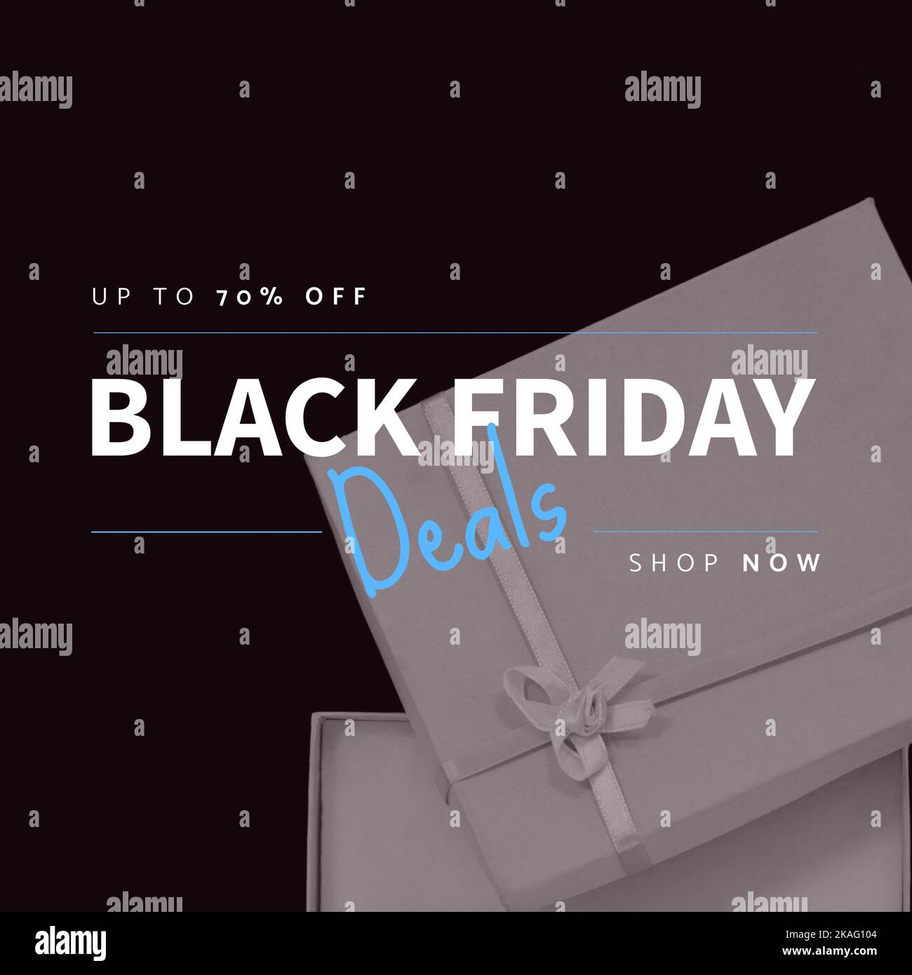Composition of up to 70 percent off black friday deals shop now text over presents Stock Photo