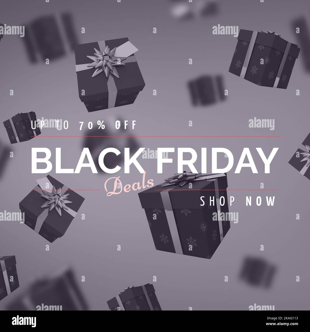 Composition of up to 70 percent off black friday deals shop now text over presents Stock Photo