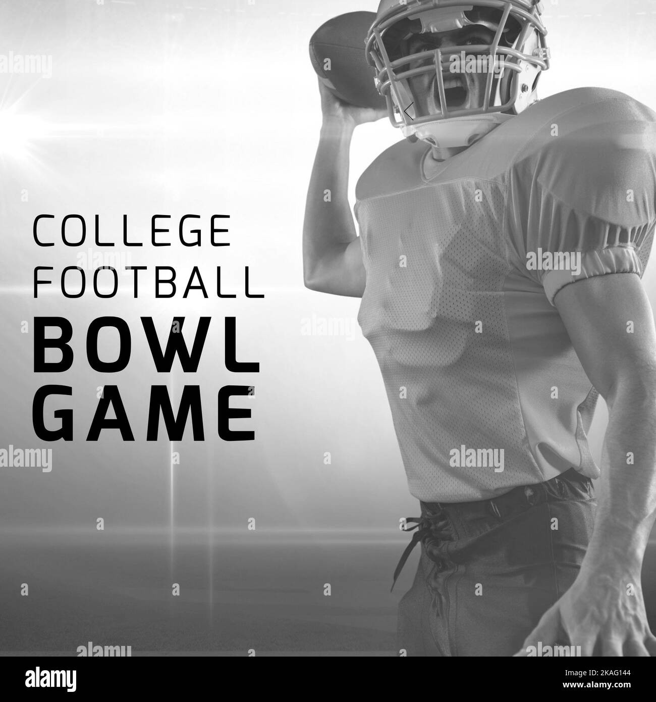 Composition of college football bowl game text and biracial male player Stock Photo