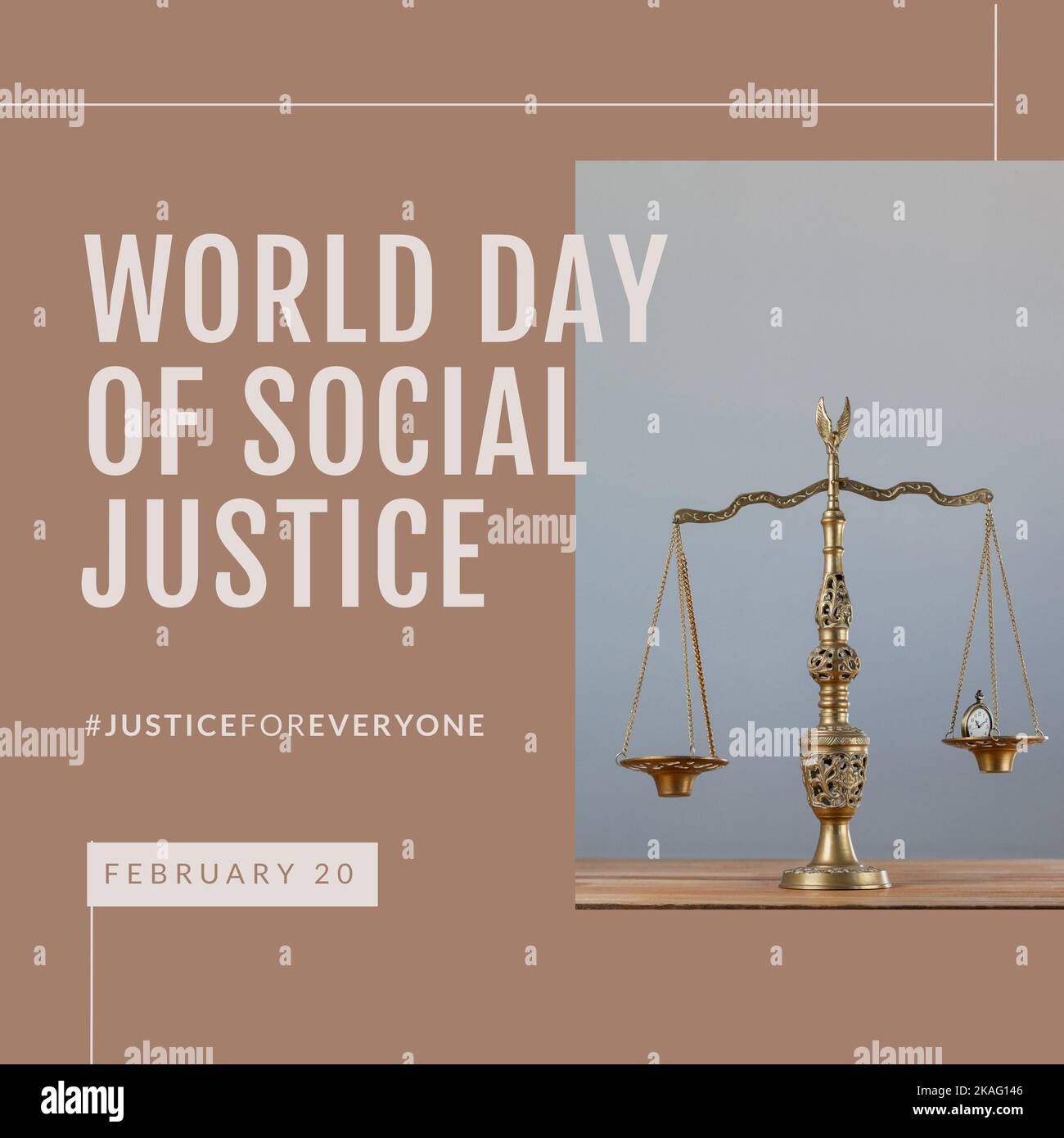 Composition of world day for social justice text over scales Stock Photo