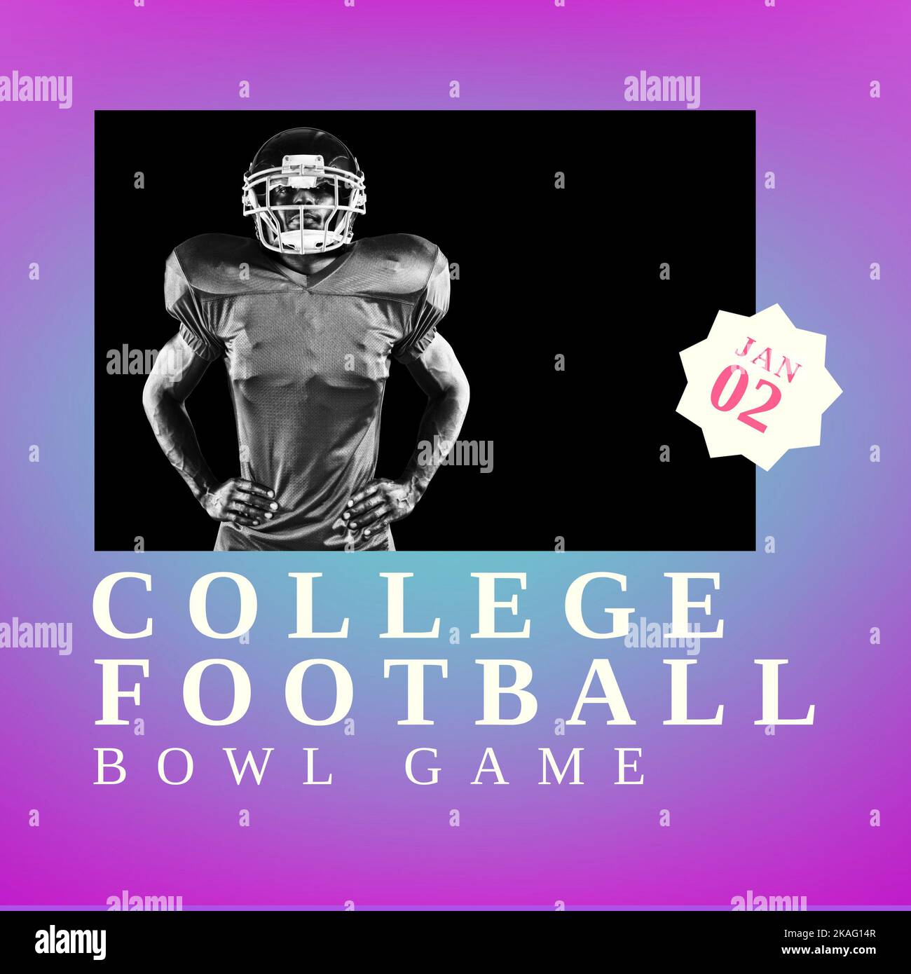 Composition of college football bowl game text and male player Stock Photo