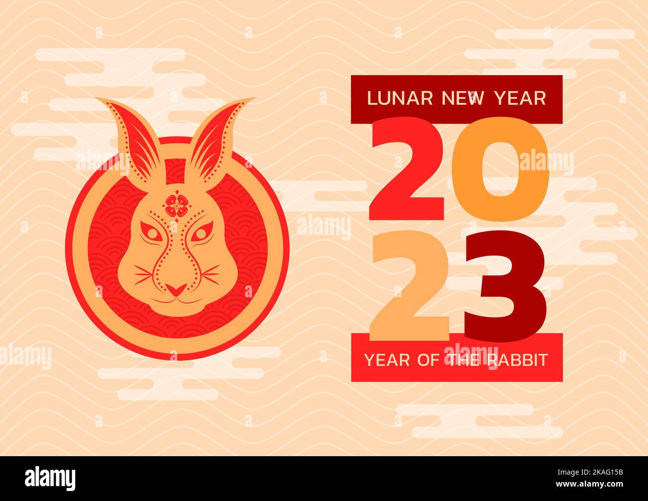 Composition of happy lunar new year 2023 text over rabbit on beige background Stock Photo