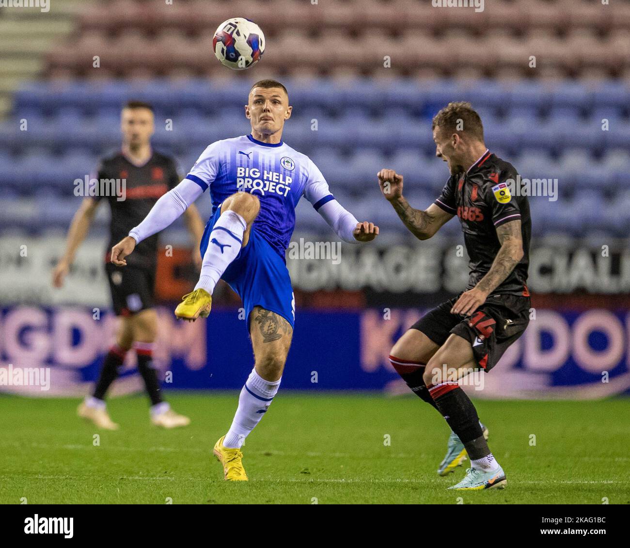 DW Stadium, Wigan, UK. 2nd Nov, 2022. Championship football league, Wigan versus Stoke: Lewis Baker of Stoke City clears the ball Credit: Action Plus Sports/Alamy Live News Stock Photo