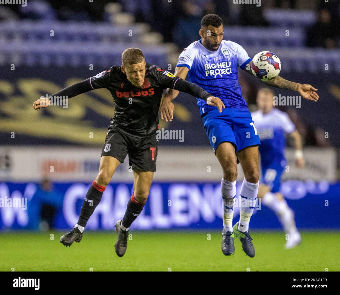 DW Stadium, Wigan, UK. 2nd Nov, 2022. Championship football league, Wigan versus Stoke: Curtis Tilt of Wigan Athletic jumps for the ball Credit: Action Plus Sports/Alamy Live News Stock Photo