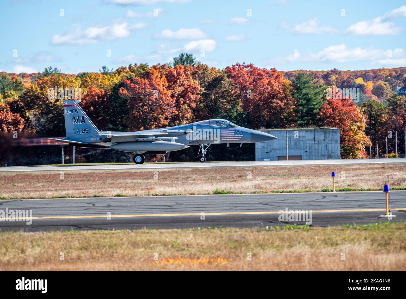 Under the direction of the North American Aerospace Defense Command (NORAD), an F-15C Eagle takes-off from Barnes Air National Guard Base, Massachusetts, during air-defense Operation NOBLE DEFENDER, Oct. 27, 2022.  Operation NOBLE DEFENDER is a long-planned NORAD exercise that validates the command’s capability to defend Canada and the United States from every avenue of approach.  The Continental U.S. NORAD Region (CONR) led this iteration of OND and coordinated and conducted combined operations, while concurrently launching aircraft from different locations across the northeast coast of the U Stock Photo