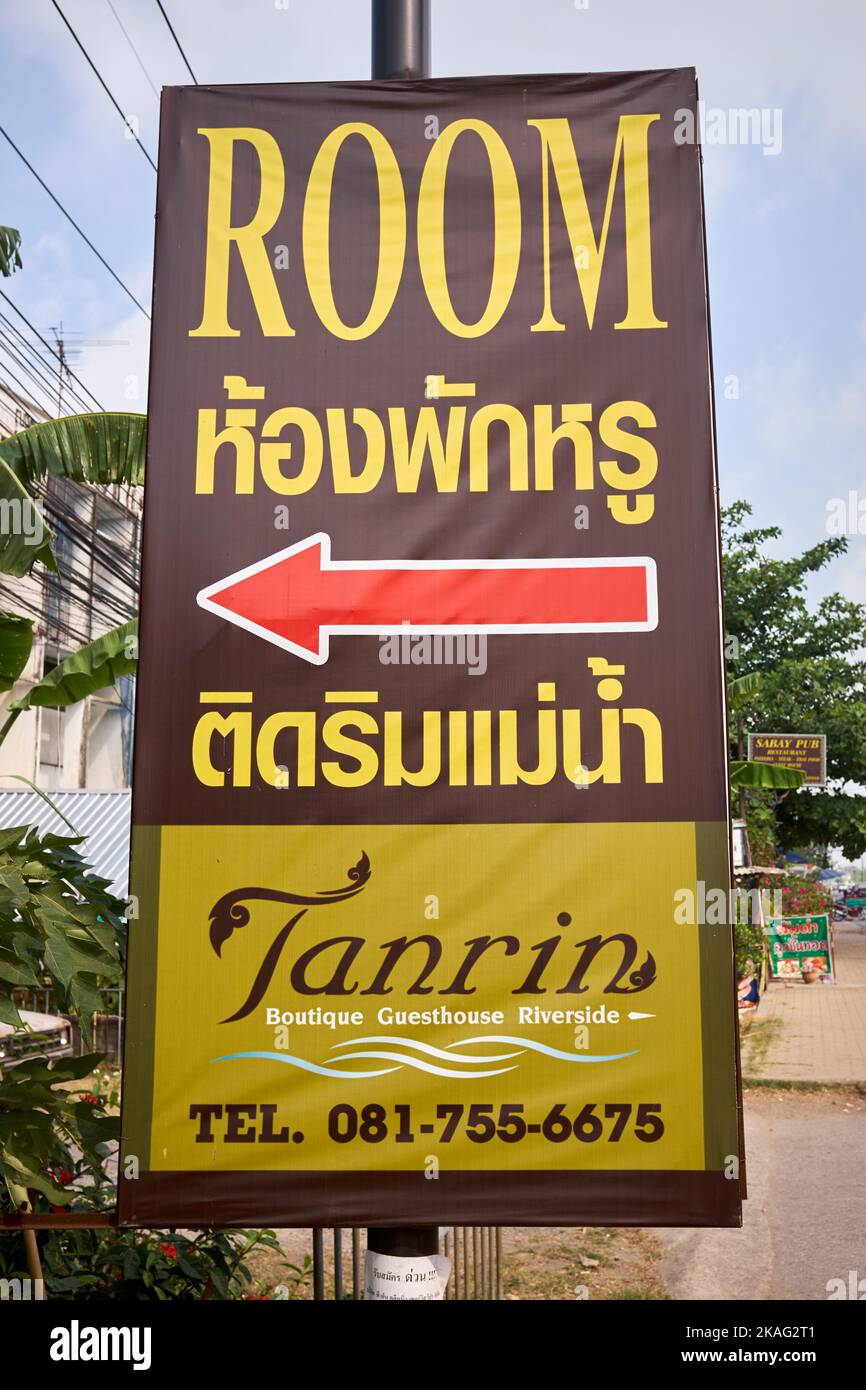 Advertising Board Sign for Guest House in Ayutthaya Thailand Stock Photo
