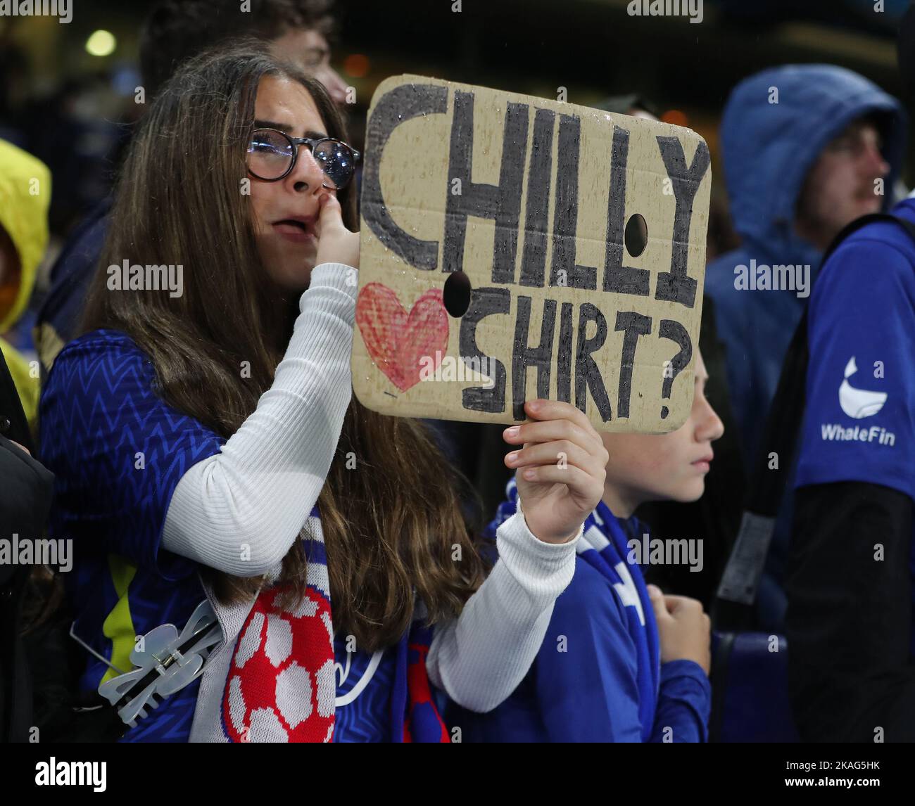 London, UK. 2nd Nov, 2022. A fan holds ip a sign saying “Chilly Shirt?' Asking for Ben Chilwell's shirt during the UEFA Champions League match at Stamford Bridge, London. Picture credit should read: Paul Terry/Sportimage Credit: Sportimage/Alamy Live News Stock Photo