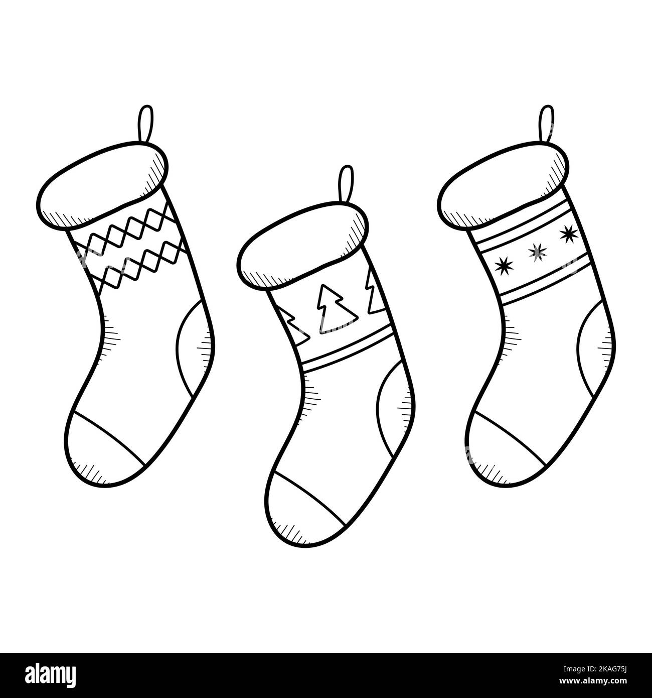 Set of hand-drawn Christmas socks. Stockings for gifts. Isolated vector illustrations in doodle sketch style. Stock Vector