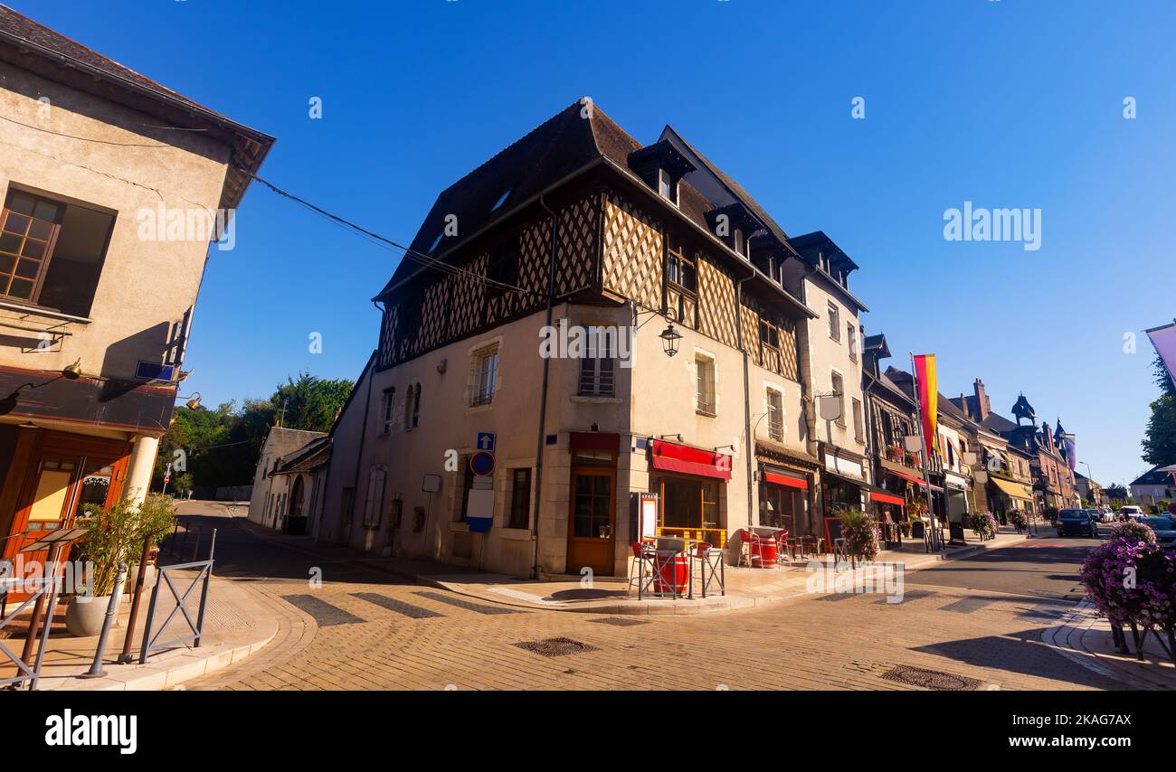 Street in French township of AubignysurNere with halftimbered houses
