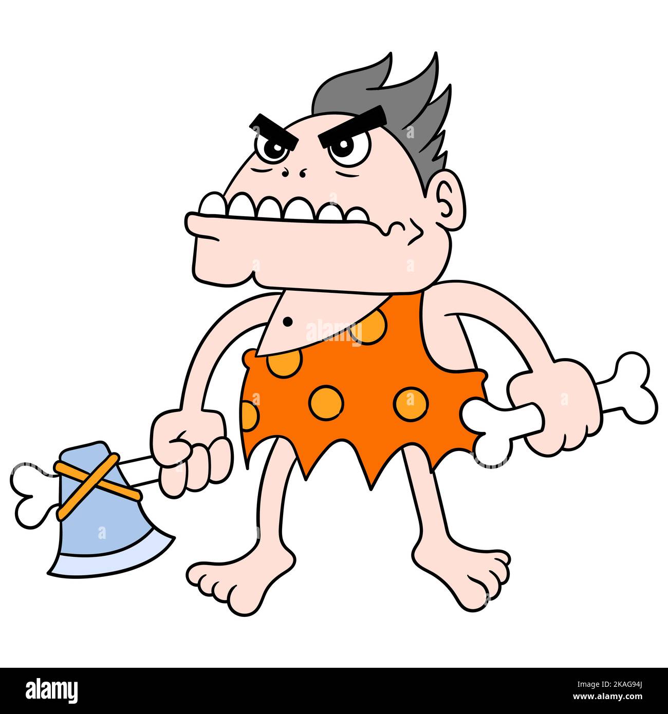 A cartoon doodle of a caveman holding a bone and axe Stock Vector Image