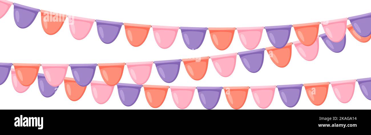Celebration flag garland bunting. Pink, violet, orange pennants chain. Party flags decoration for wedding, birthday, baby shower, bridal shower Stock Vector