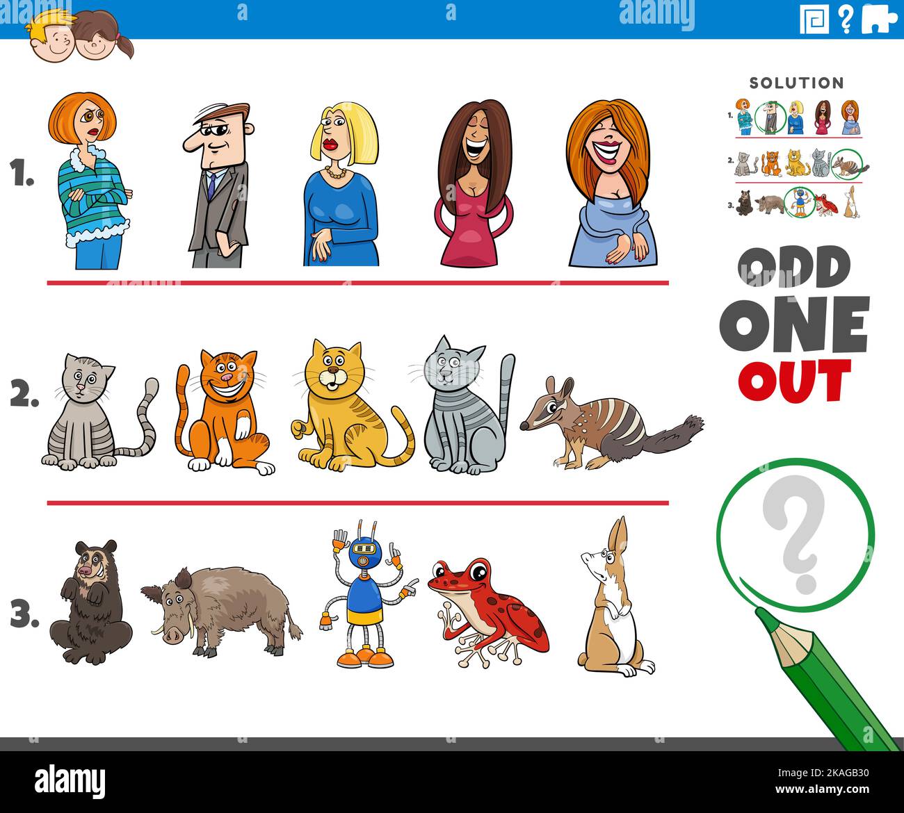 Cartoon illustration of odd one out picture in a row educational task for children with comic people and animal characters Stock Vector