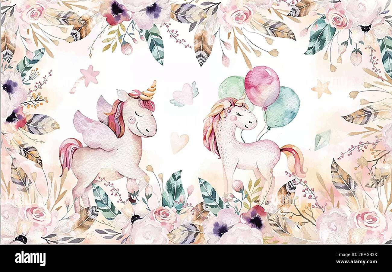 Unicorn pattern watercolour. Flower garden vector graphic design