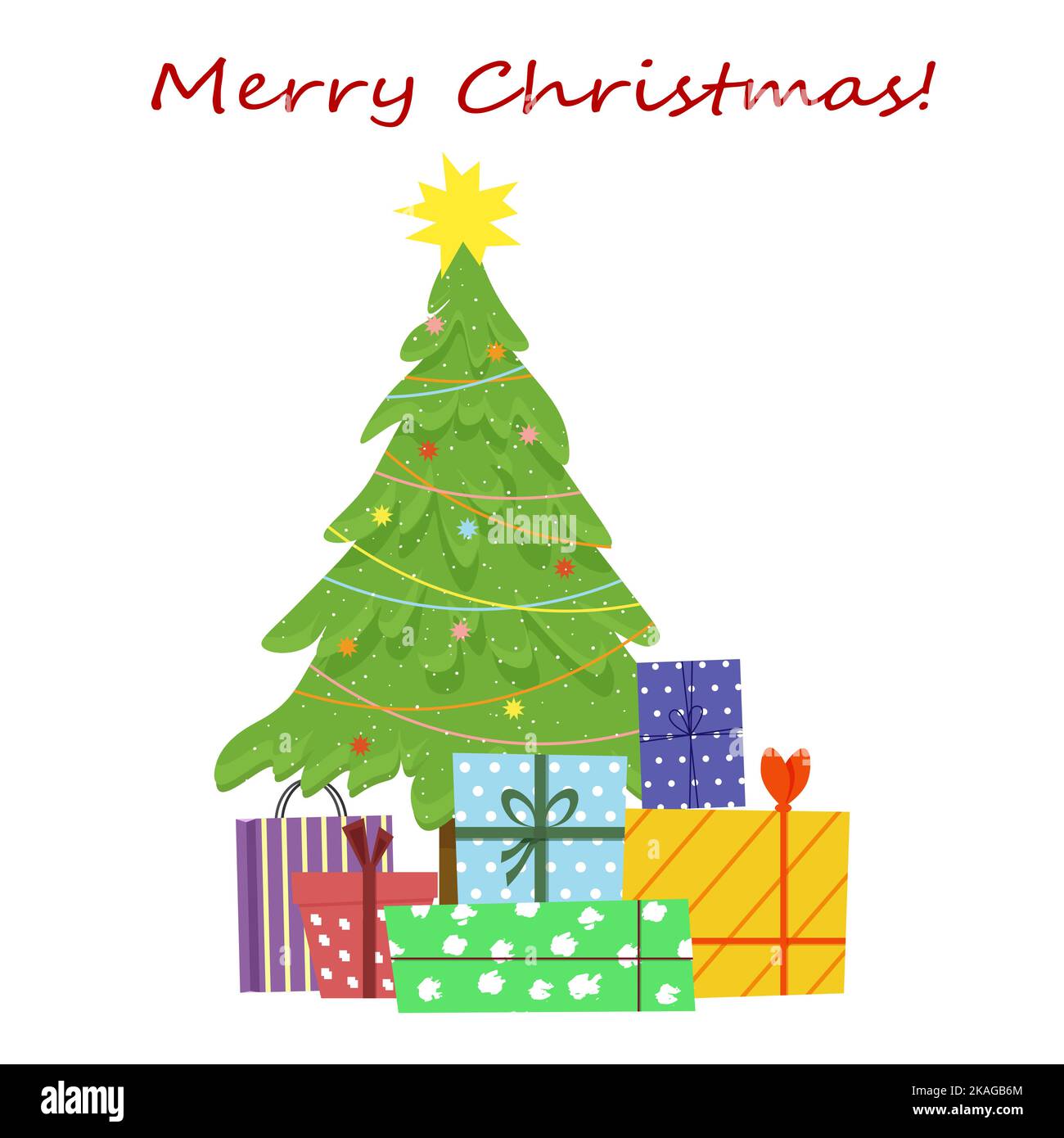 Greeting card with fir tree and colorful gift boxes for Merry Christmas ...