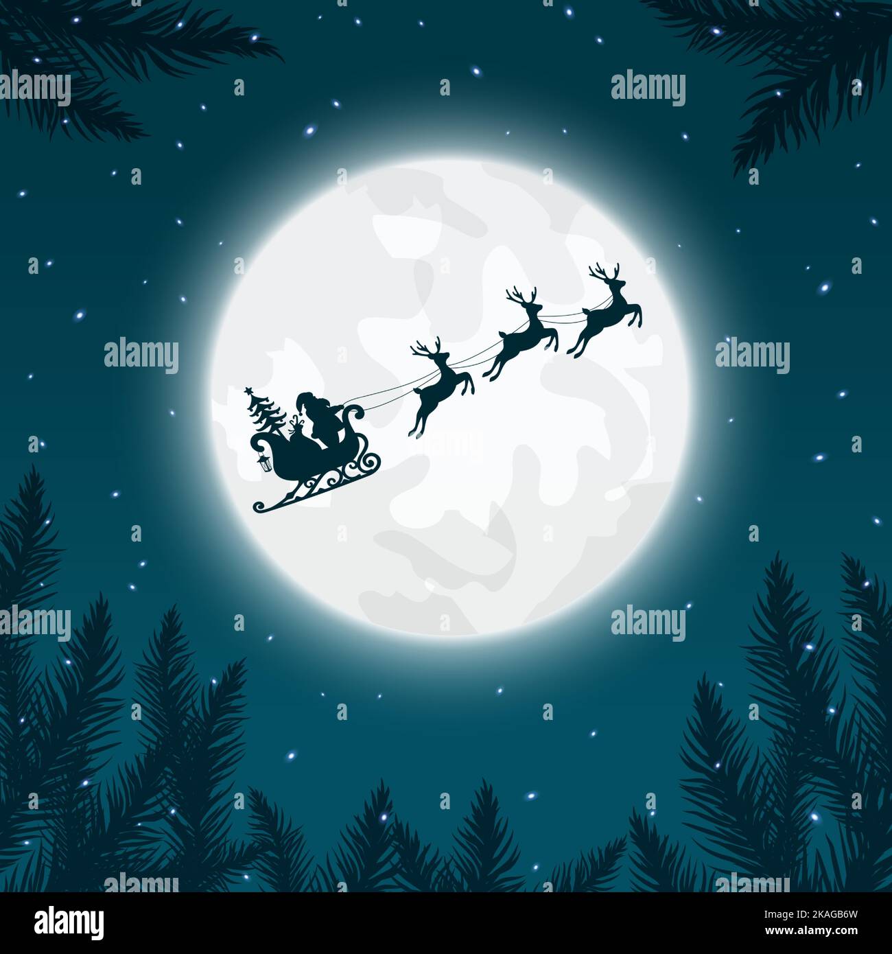Santa Claus and gifts in sleigh with reindeer pulling the sleigh on the ...