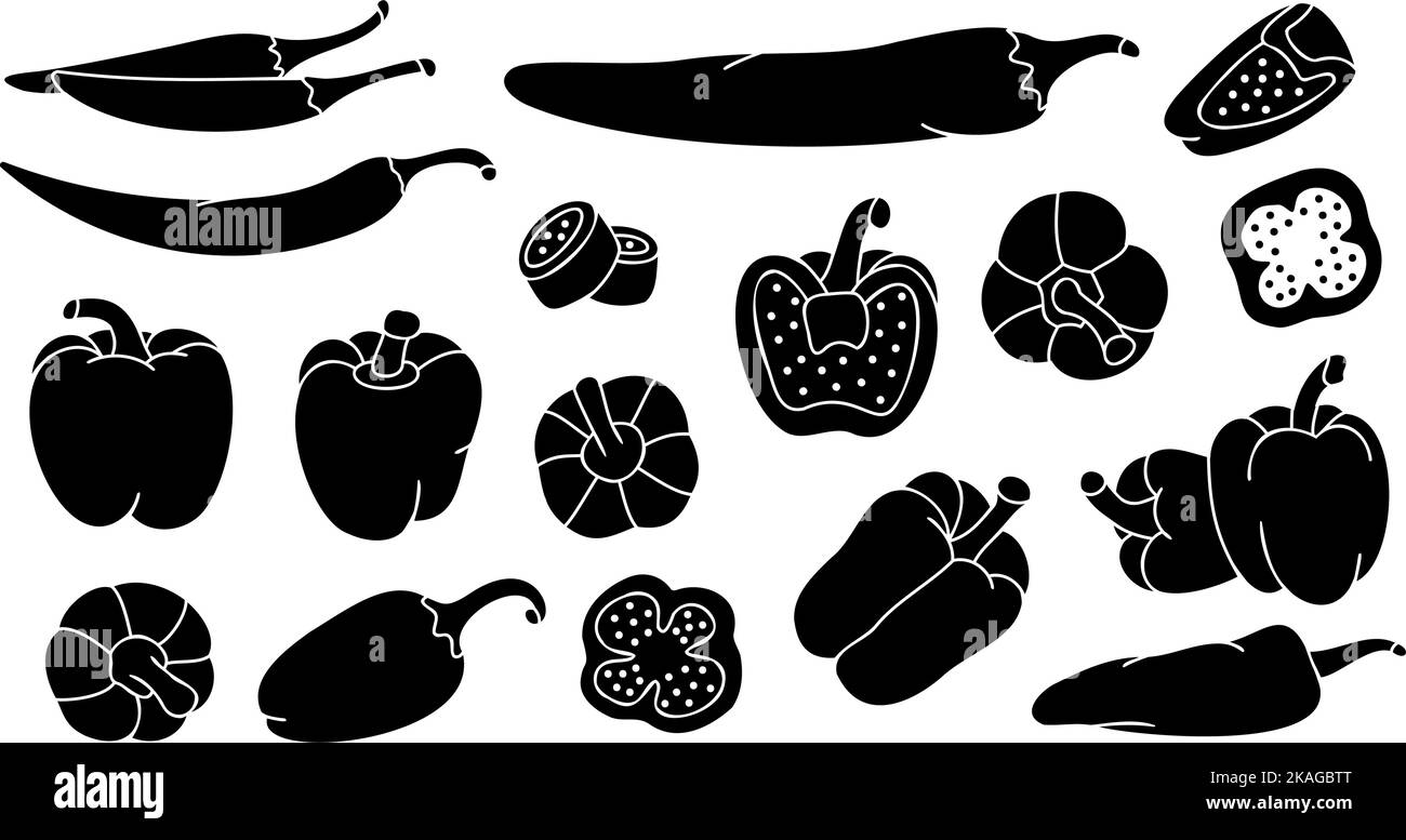 Black peppers set. Hot chili and bell peppers sketch. Detailed pepper