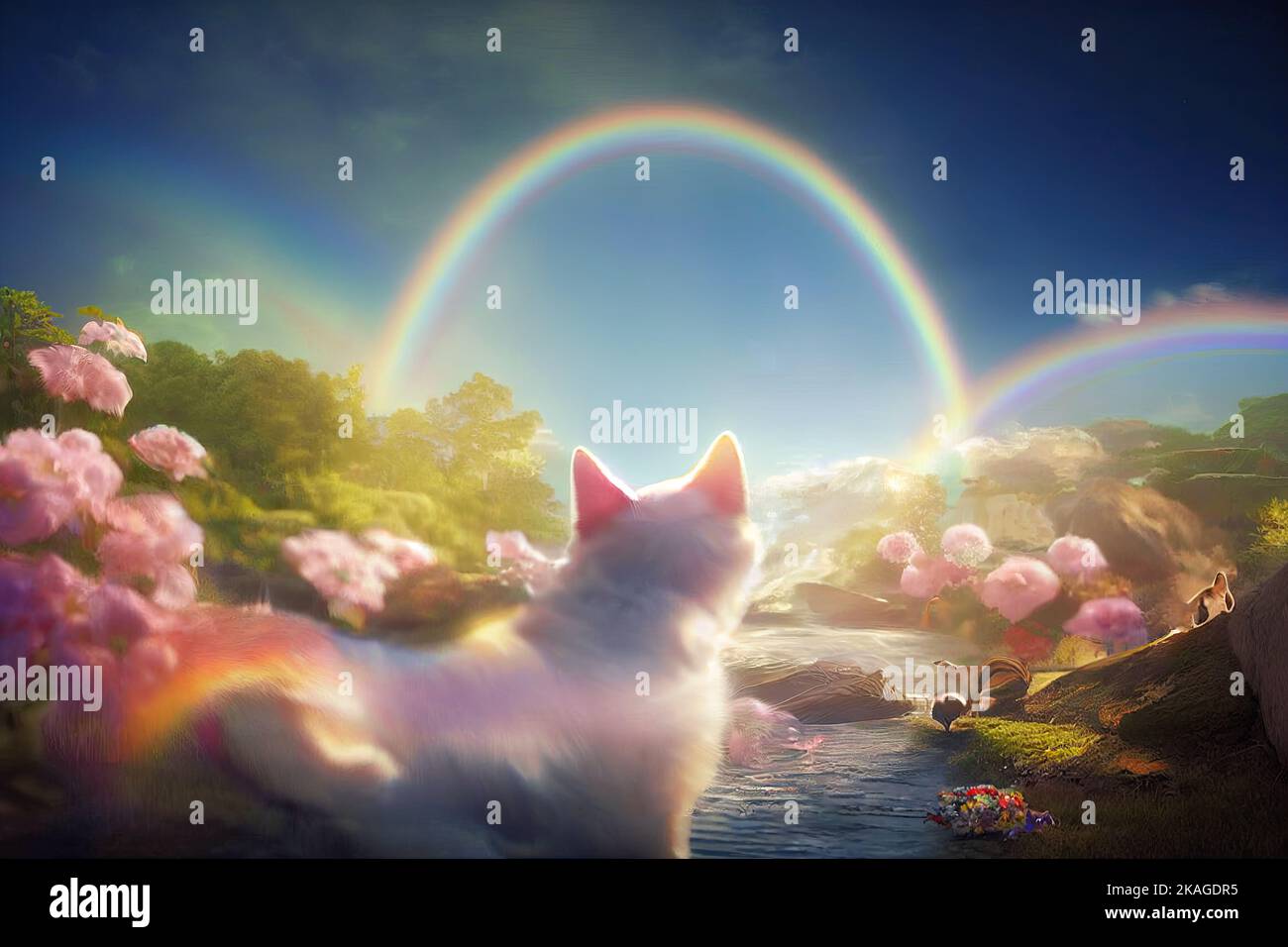 Heavenly paradise of dogs and cats. Happy pets running and playing funny in a beautiful fairy garden with rainbow bridge, ethereal clouds, and nice Stock Photo