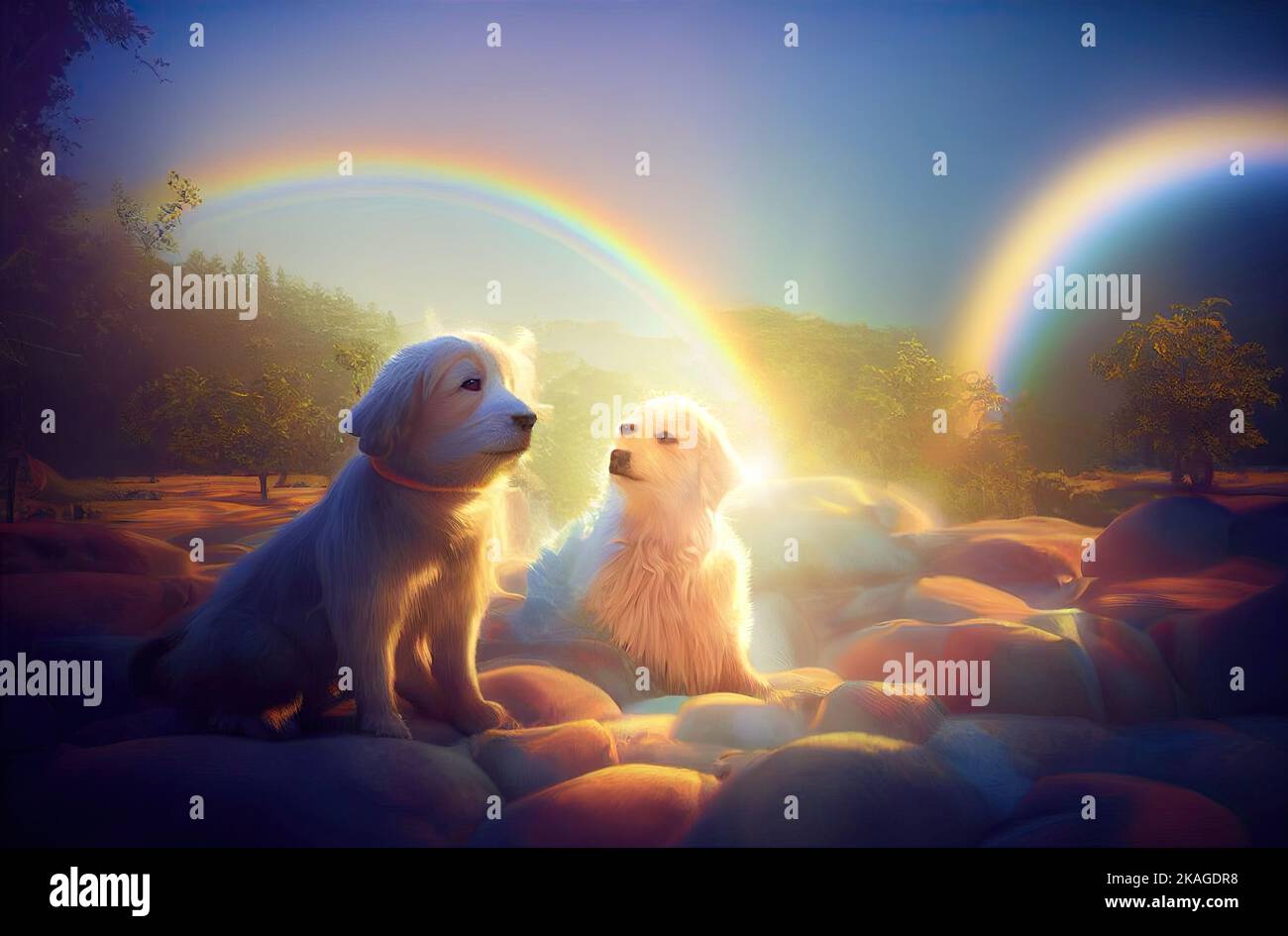 An idyllic pet paradise, teeming with playmates and filled with rainbow-hued bridges, ethereal clouds, and cheerful sunshine. Dogs and cats are Stock Photo