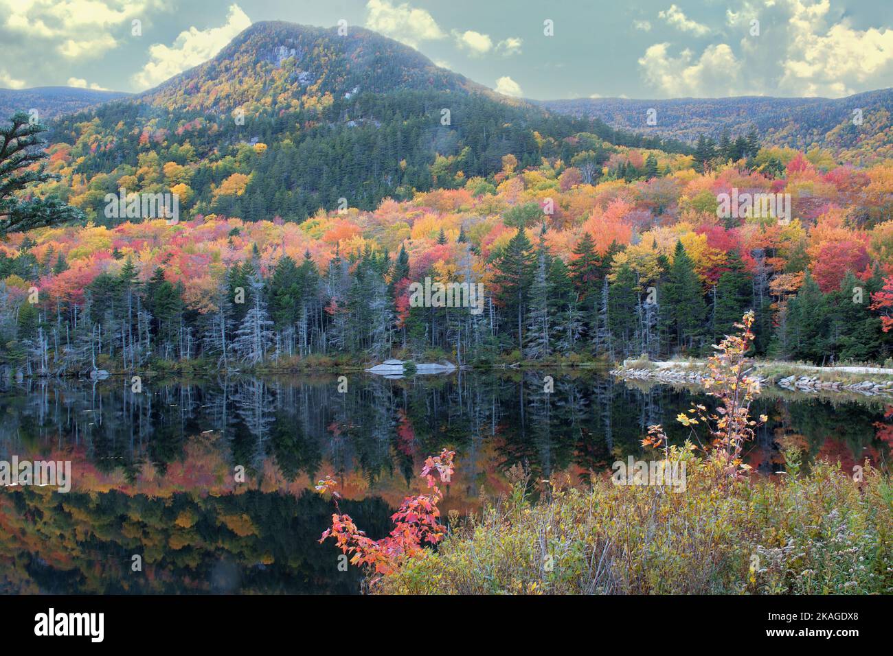 Autumn scene in Kinsman Notch, New Hampshire. Summit of Mount Moosilauke with reflection of colorful fall foliage on calm surface of Beaver Pond. Stock Photo