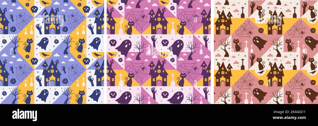 Set of Halloween Seamless Pattern Design With Witch, Haunted House ...