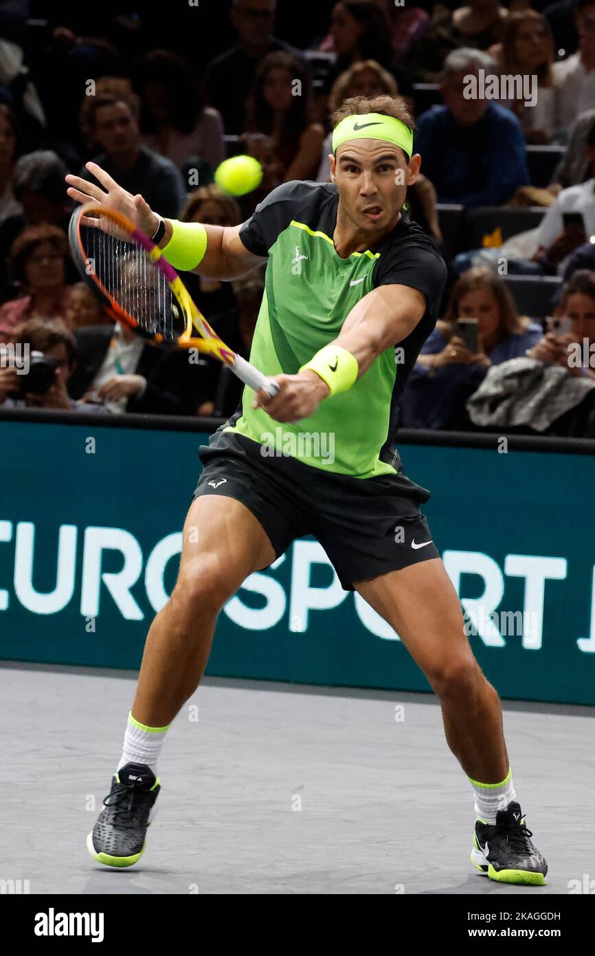 Paris France. 2nd Nov 2022. Rafael Nadal of Spain returns the