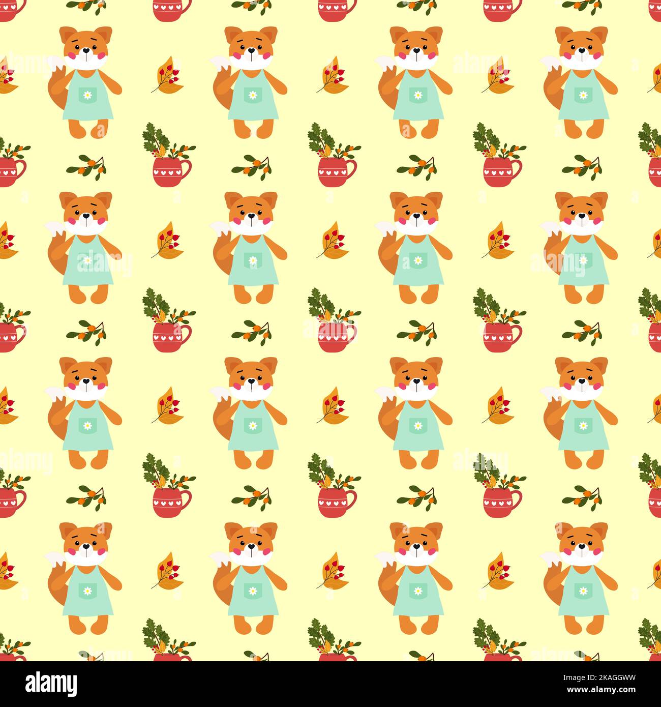 Pattern with cute foxes, mug with autumn leaves and berries. Stylized animals.  Stock Vector