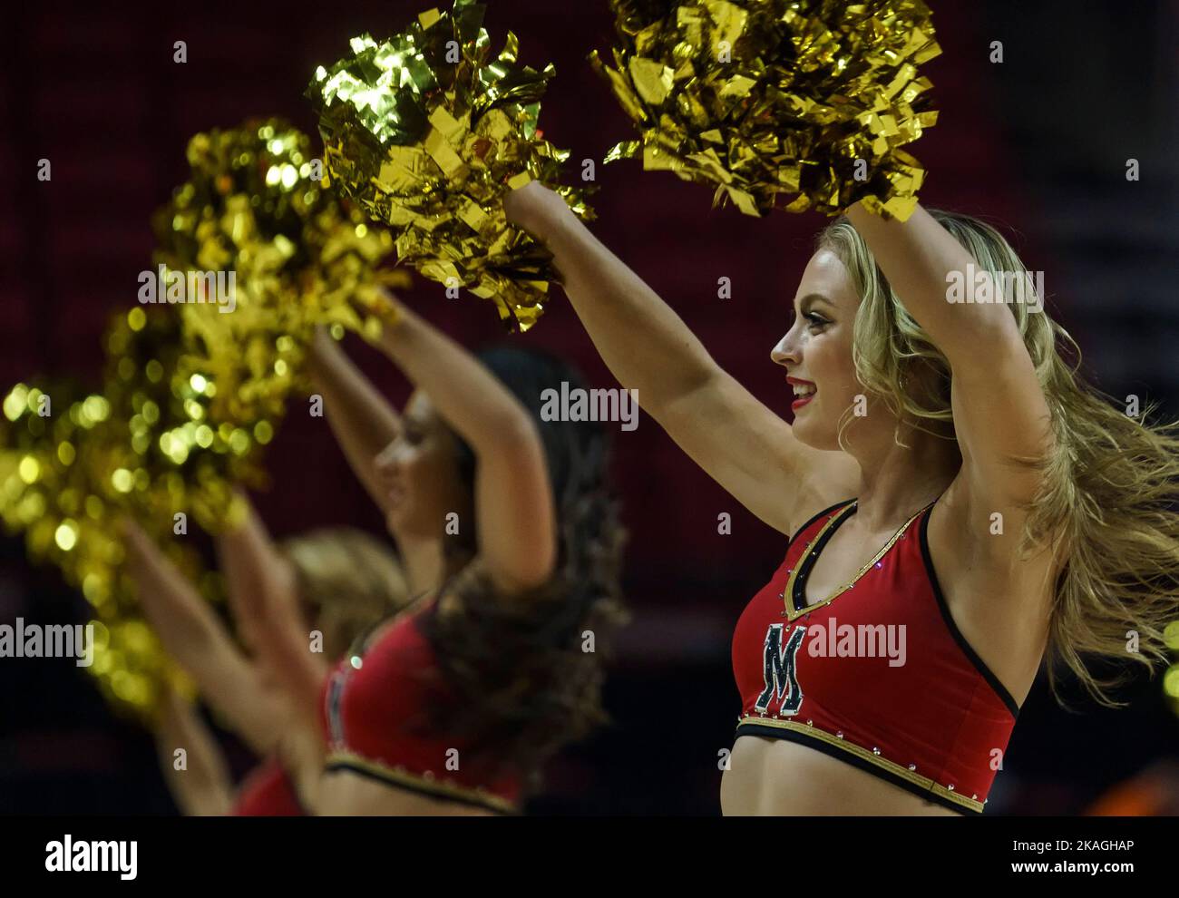 COLLEGE PARK, MD., USA - 02 NOVEMBER 2022: Maryland cheerleaders perform during a women's college basketball game between the Maryland Terrapins and the Millersville Marauders on November 02 2022, at Xfinity Center, in College Park, Maryland (Photo by Tony Quinn-Alamy Live News) Stock Photo