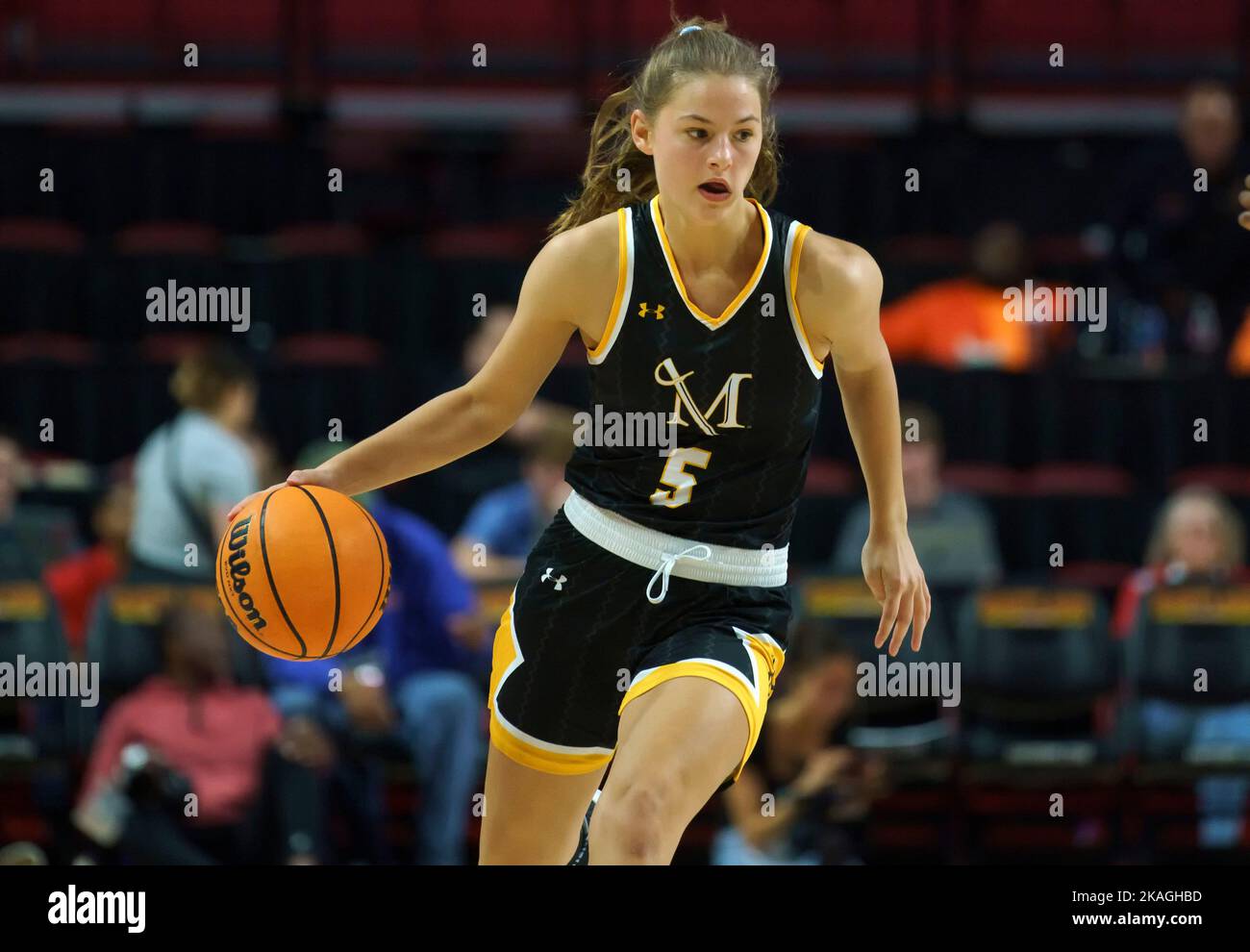COLLEGE PARK, MD., USA - 02 NOVEMBER 2022: Millersville Marauders guard Jillian Crawford (5) on the attack during a women's college basketball game between the Maryland Terrapins and the Millersville Marauders on November 02 2022, at Xfinity Center, in College Park, Maryland (Photo by Tony Quinn-Alamy Live News) Stock Photo