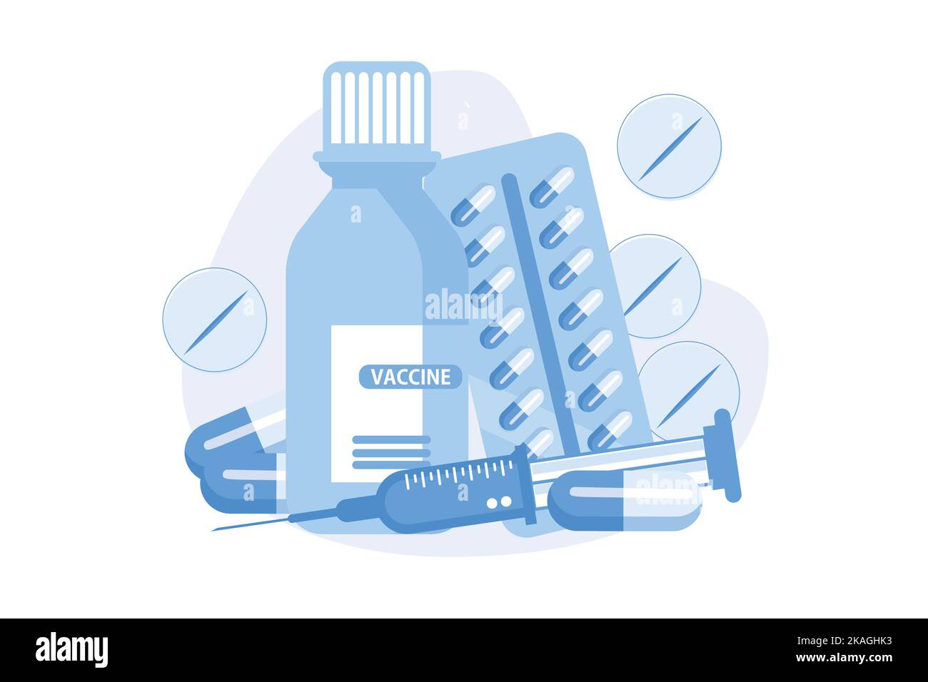 Medications prescription. Disease treatment, health care, medical drugs. Pills bottles, capsules and syringe with vaccine. Pharmacy products flat vect Stock Vector