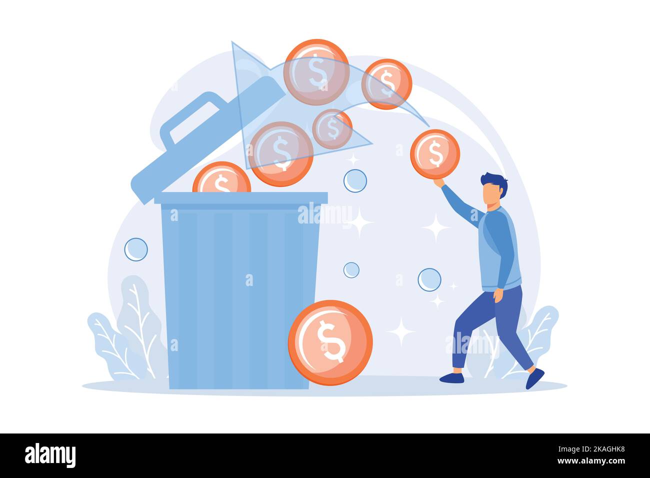 Man overspending, throwing coins in dustbin. Money waste, unprofitable investment, bad finances management. Financial bankruptcy, guy losing savings. Stock Vector