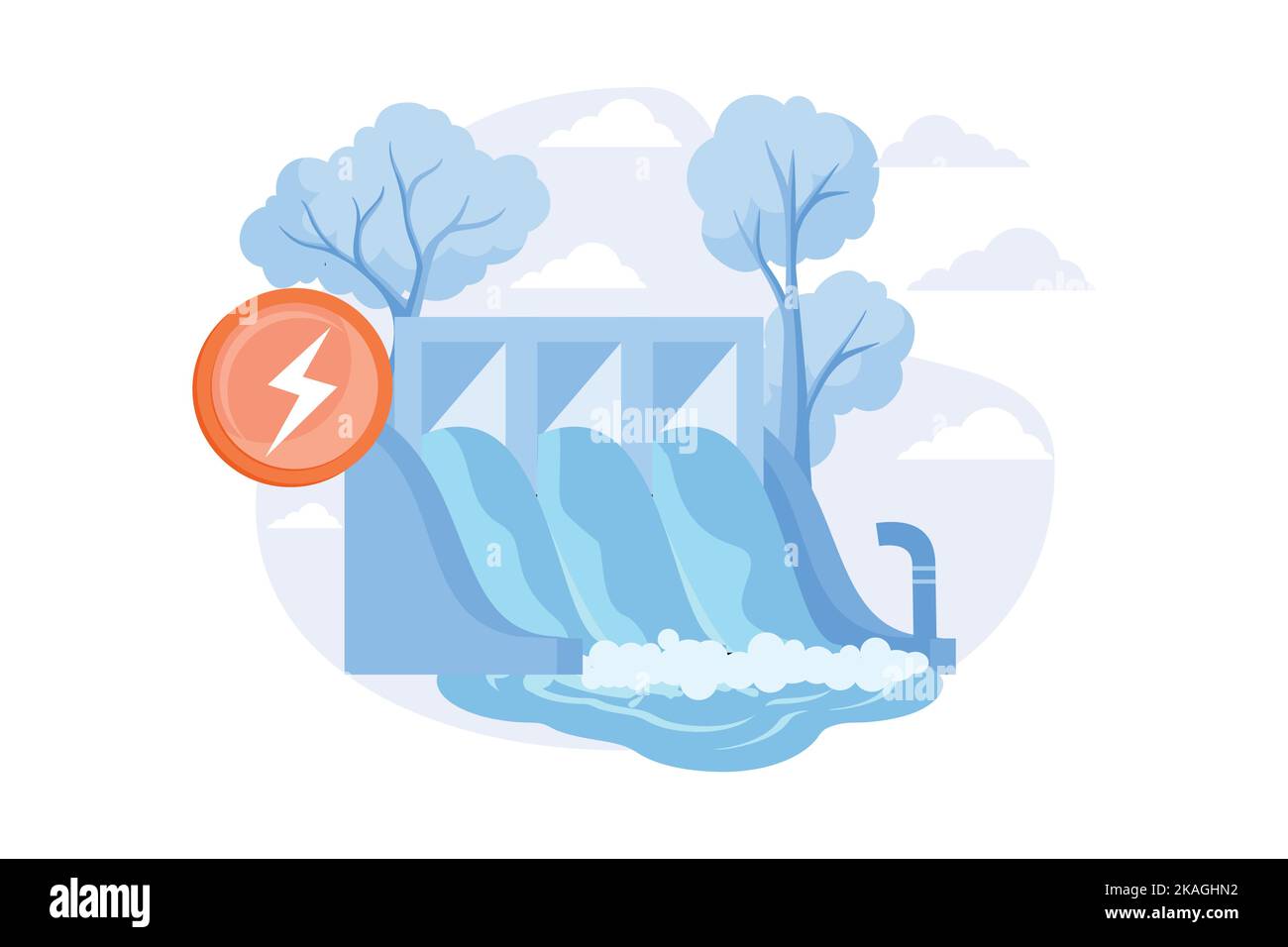 Hydroelectric power station, water mass energy using, dam and reservoir. Channel streams and tidal movements power, hydro energy generation flat vecto Stock Vector