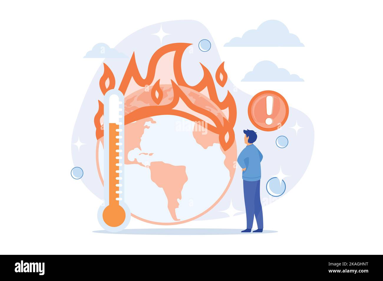 Earth climate change, temperature increase, global warming. Multiple fires, flora and fauna destruction, planet wildlife and humankind damage. flat ve Stock Vector