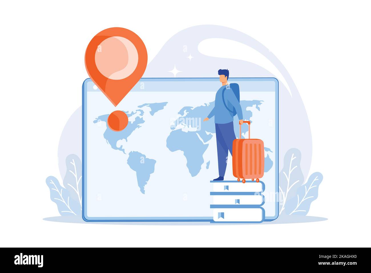 Man on holiday adventure. International tourism, worldwide sightseeing tour, student exchange program. Tourist with backpack traveling abroad. flat ve Stock Vector
