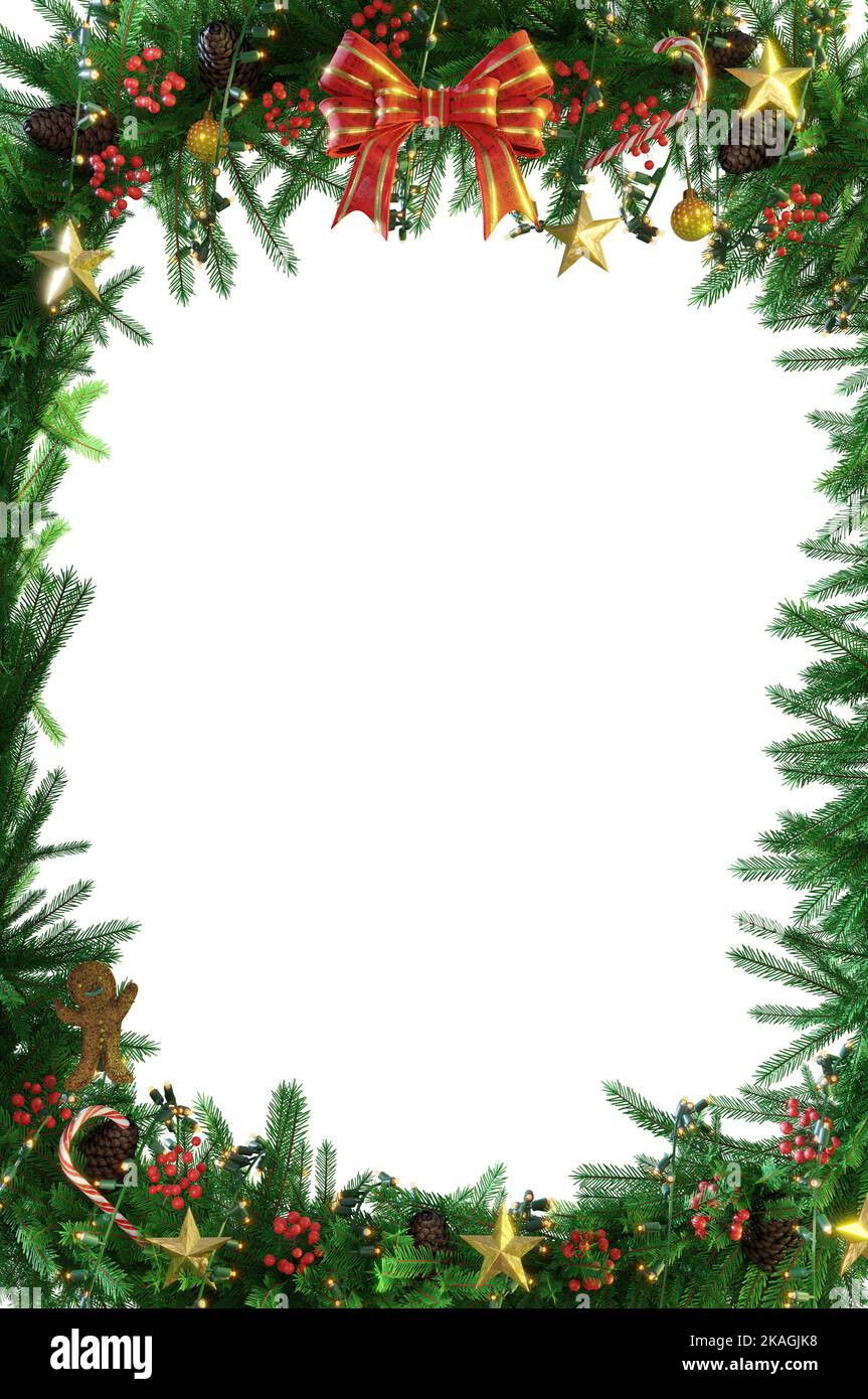 3D Illustration , 3d rendering . Christmas decoration isolated. holiday border, frame. Red holly berry on pine tree branches. For celebration banners, Stock Photo