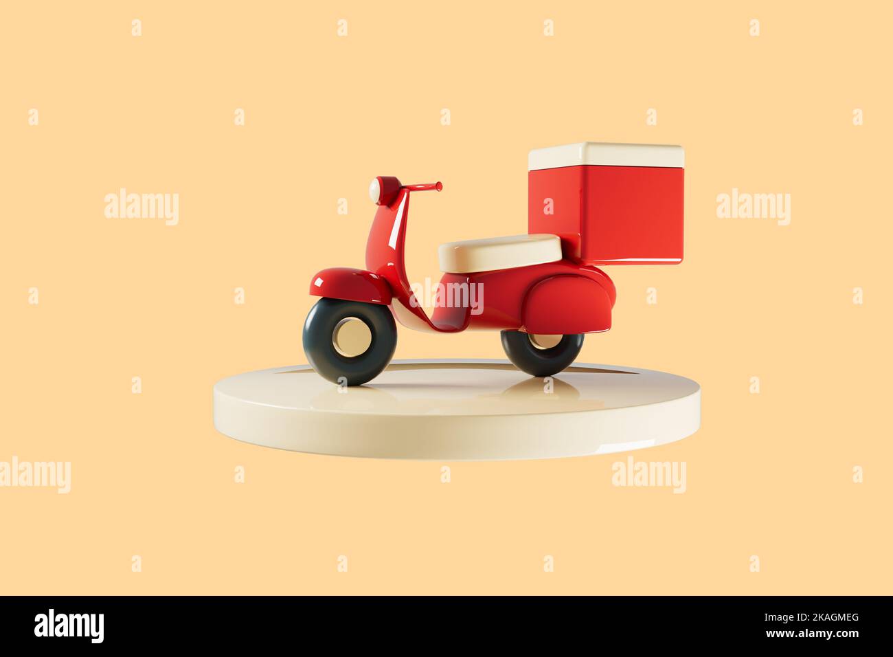 Pizza delivery red bike on yellow podium 3d render. Stock Photo