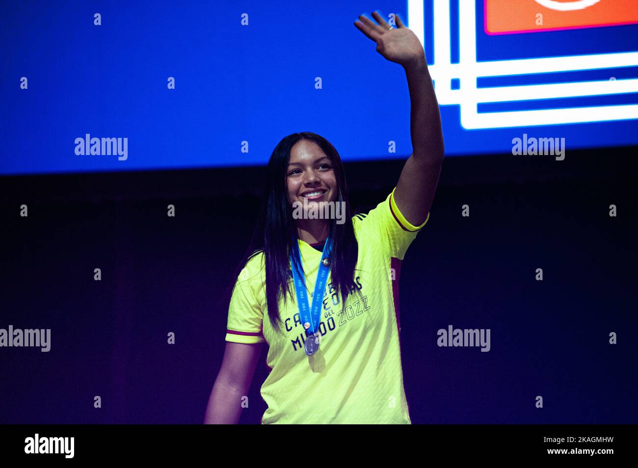 Bogota, Colombia. 02nd Nov, 2022. Goalkeeper Luisa Fernanda Agudelo during the welcoming of Colombia's FIFA U-17 Womens team after the U-17 World Cup after reaching the final match against Spain, in Bogota, Colombia, November 2, 2022. Photo by: Chepa Beltran/Long Visual Press Credit: Long Visual Press/Alamy Live News Stock Photo