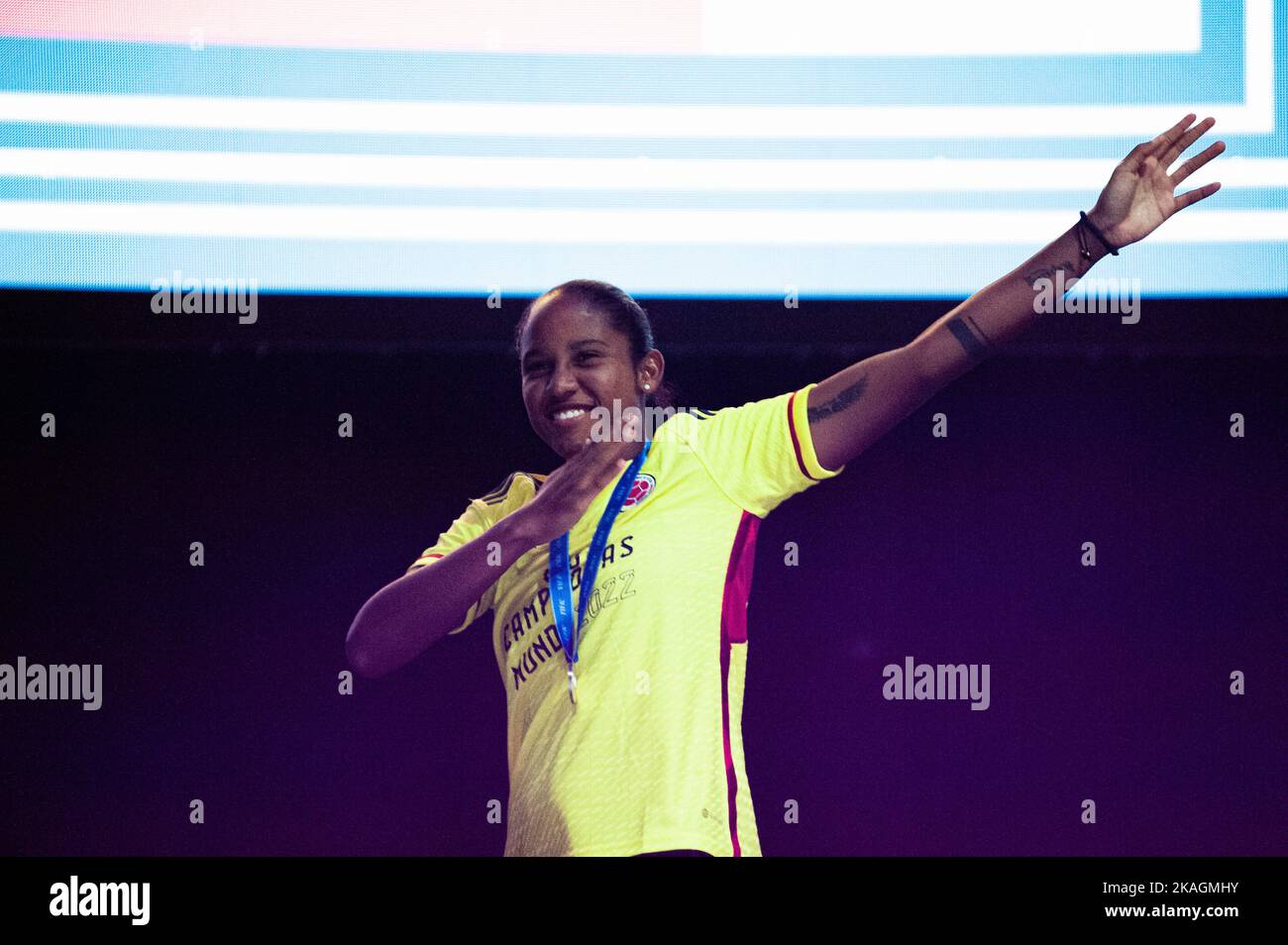 Bogota, Colombia. 02nd Nov, 2022. Player Mary Jose Alvarez during the welcoming of Colombia's FIFA U-17 Womens team after the U-17 World Cup after reaching the final match against Spain, in Bogota, Colombia, November 2, 2022. Photo by: Chepa Beltran/Long Visual Press Credit: Long Visual Press/Alamy Live News Stock Photo