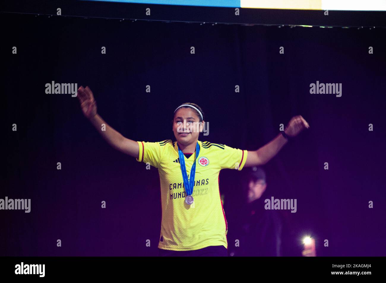 Bogota, Colombia. 02nd Nov, 2022. Player Cristina Motta during the welcoming of Colombia's FIFA U-17 Womens team after the U-17 World Cup after reaching the final match against Spain, in Bogota, Colombia, November 2, 2022. Photo by: Chepa Beltran/Long Visual Press Credit: Long Visual Press/Alamy Live News Stock Photo