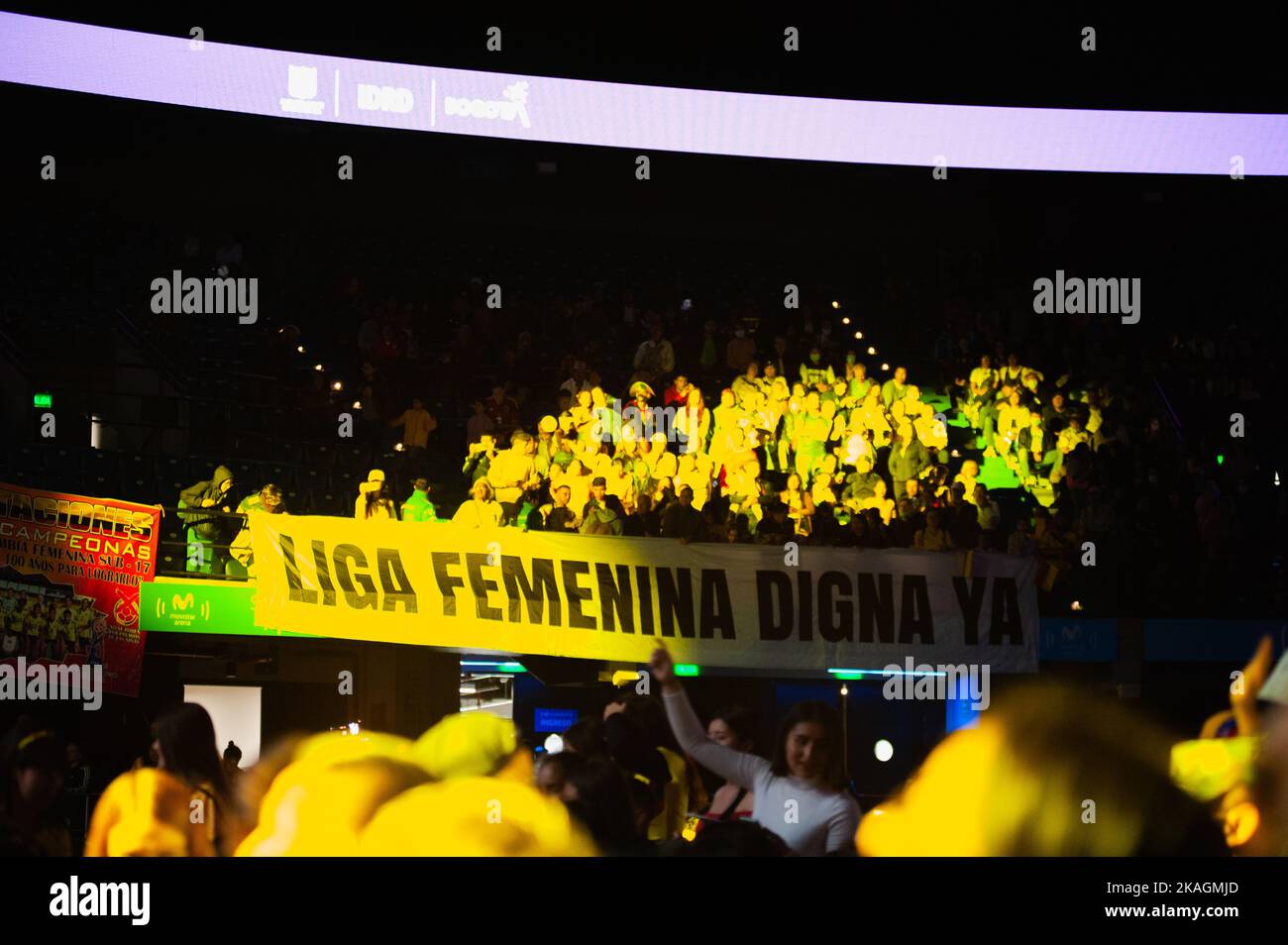 Bogota, Colombia. 02nd Nov, 2022. Fans hang a sign that reads 'Dignified womens leage' during the welcoming of Colombia's FIFA U-17 Womens team after the U-17 World Cup after reaching the final match against Spain, in Bogota, Colombia, November 2, 2022. Photo by: Chepa Beltran/Long Visual Press Credit: Long Visual Press/Alamy Live News Stock Photo