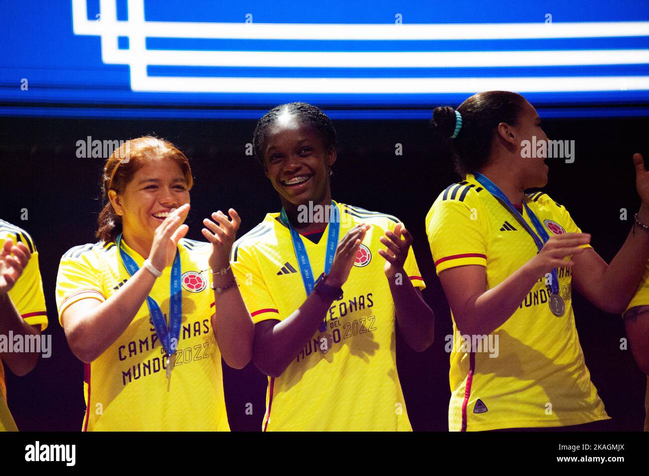 Bogota, Colombia. 02nd Nov, 2022. (Lefto to Right) Players Gabriela Rodriguez, Linda Caicedo and Jimena Ospina during the welcoming of Colombia's FIFA U-17 Womens team after the U-17 World Cup after reaching the final match against Spain, in Bogota, Colombia, November 2, 2022. Photo by: Chepa Beltran/Long Visual Press Credit: Long Visual Press/Alamy Live News Stock Photo