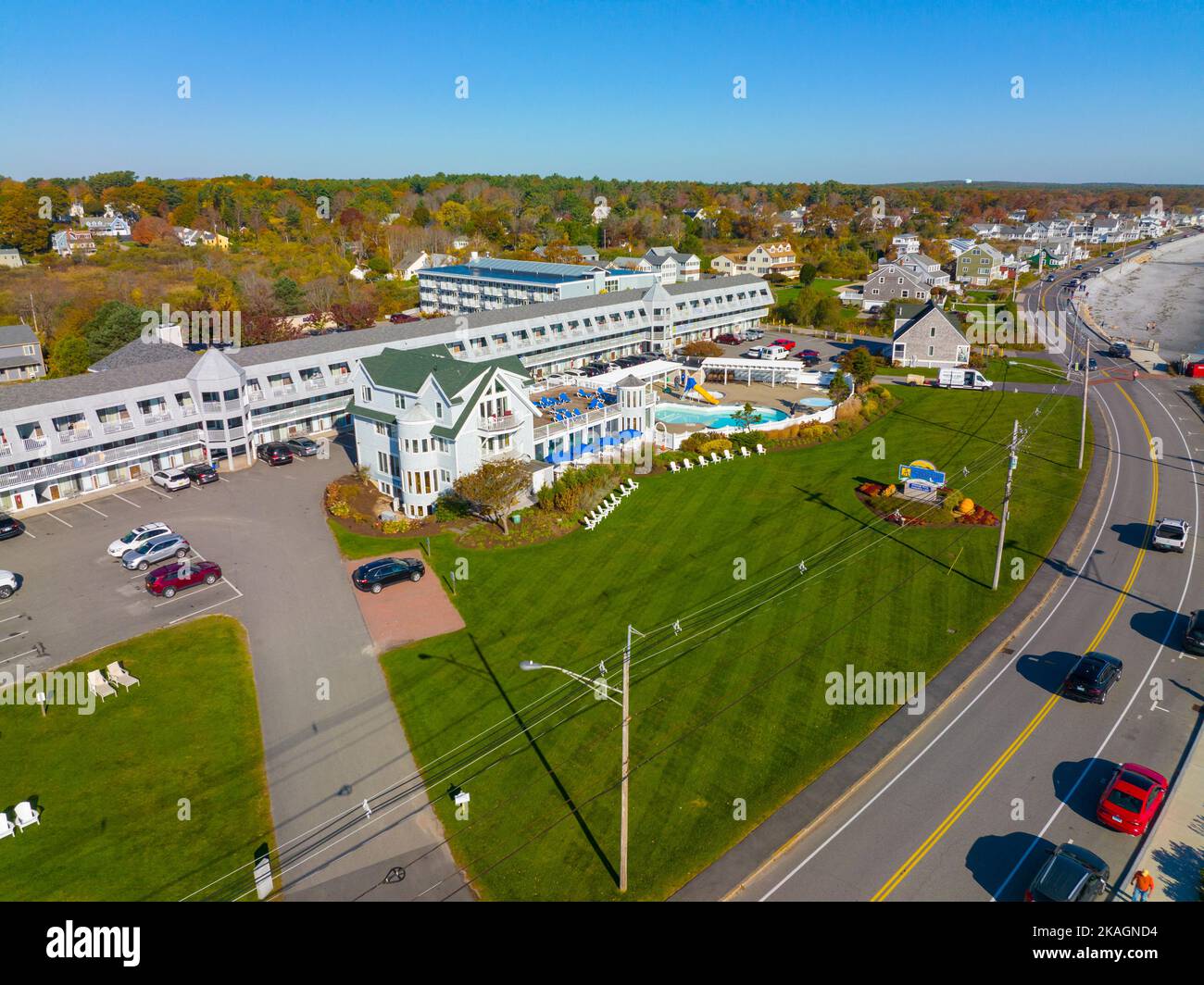 Aerial view of Anchorage Inn at Long Sands Beach in fall in village of